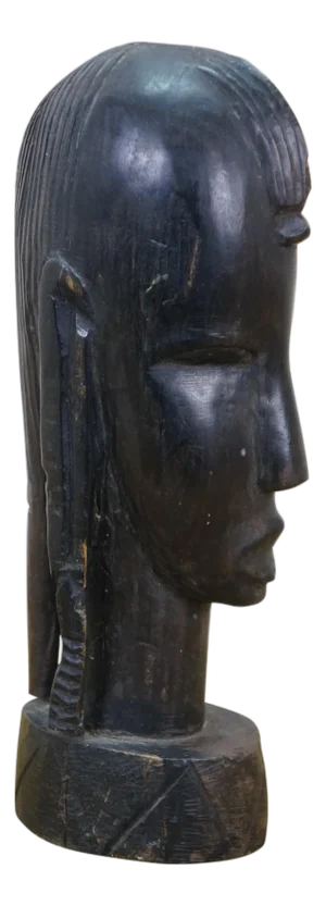Vintage African Folk Art Carved Blackwood Tribal Warrior Bust Head Figurine 9"