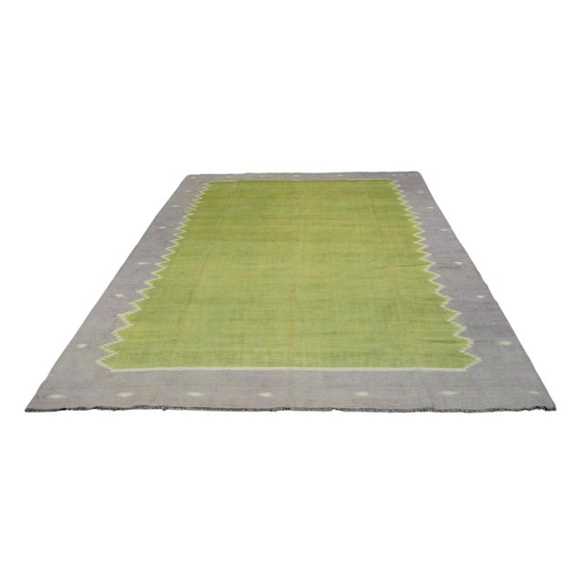 Vintage Dhurrie Solid Rug in Chartreuse With Brown Geometric Border ...