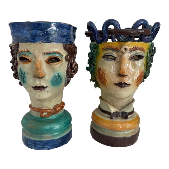 Rare Pair of Cantagalli Florence Renaissance Revival Majolica Figural Head Vases, Italy, Late 19th Century For Sale