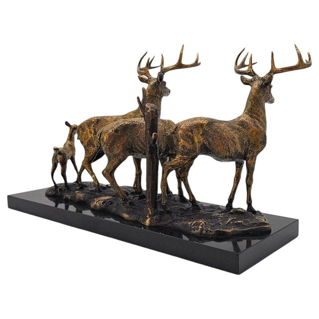 Bronze Deer Group Sculpture on Black Marble Base — Stag and Wildlife Figurine For Sale - Image 4 of 10
