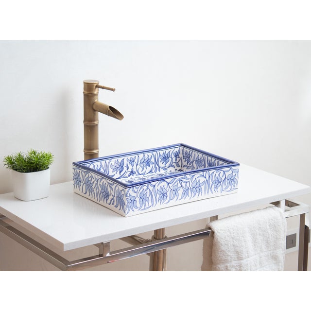 Moroccan Custom Made Mini Rectangular Blue Bathroom Sink, Handmade Washbasin, Hand-Painted Vessel Sink For Sale - Image 3 of 10