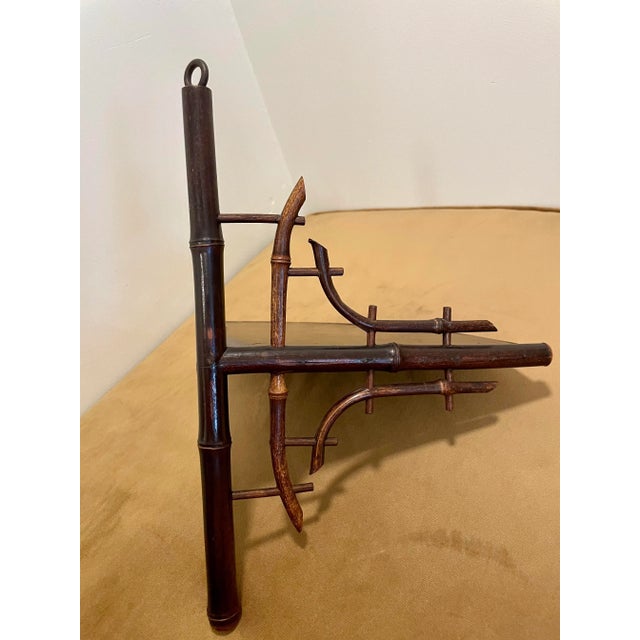 Vintage Asian Chinoiserie Burnt Bamboo Painted Corner Shelf, Burgundy, Rose and Olive Green For Sale - Image 10 of 12