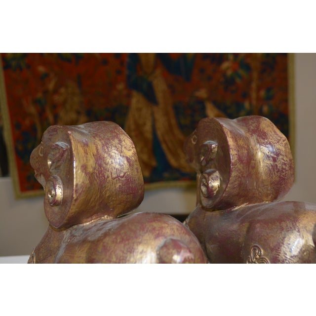 Pair Carved Wood Seated Rams Gold / Burgundy Wash For Sale - Image 4 of 14