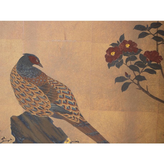 "Pheasant and Sakura", Pre-1964 Showa Era Japanese Painted Byobu Screen For Sale - Image 10 of 18