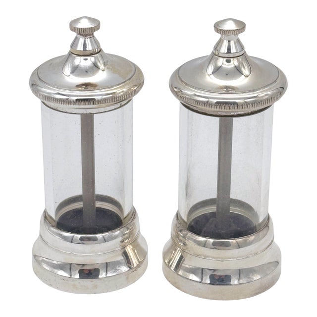Pair of Italian Modern Silverplated & Glass Peppermills For Sale