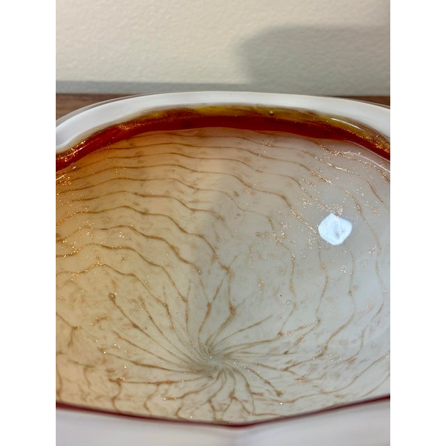 Glass Vintage Murano Art Glass Bowl, Gold Flake White Cased Italian Centerpiece For Sale - Image 7 of 8