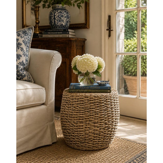 A gorgeous Chinoiserie woven rattan round garden stool, plant stand, or small side table These stools have long been...