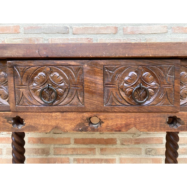 Brown 20th Century Catalan Spanish Carved Wood Console Table For Sale - Image 8 of 11