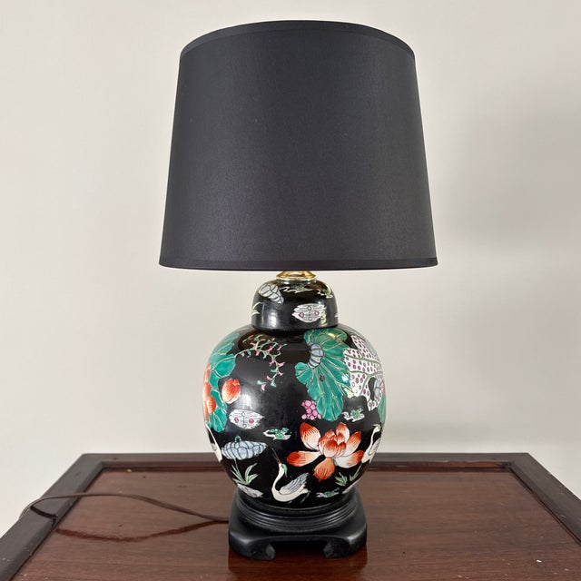 Mid 20th Century Vintage Chinese Ginger Jar Table Lamp With Cranes & Lilies - 16” For Sale - Image 5 of 11