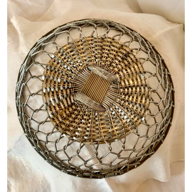 Silver Mid 20th Century Vintage Mid-Century Woven Mixed Metal Media Americana Egg Gathering Basket For Sale - Image 8 of 11