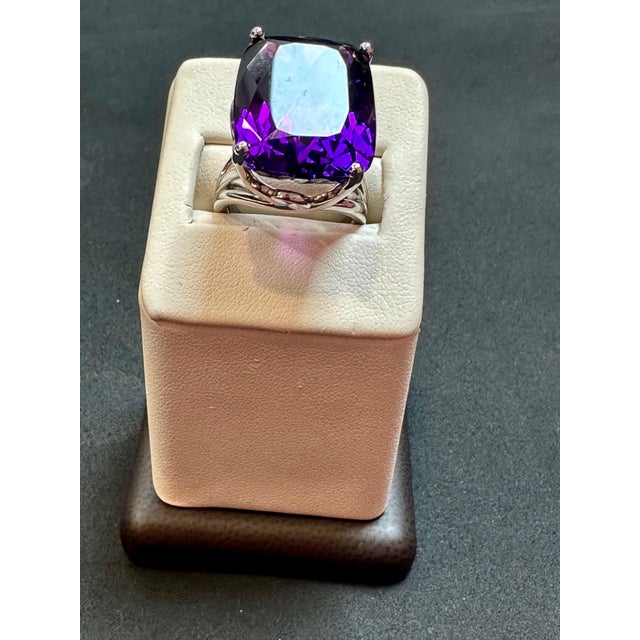Huge 38 Carat Cushion Cut Natural Amethyst Cocktail Ring in Platinum 23.8 Gm For Sale - Image 4 of 18