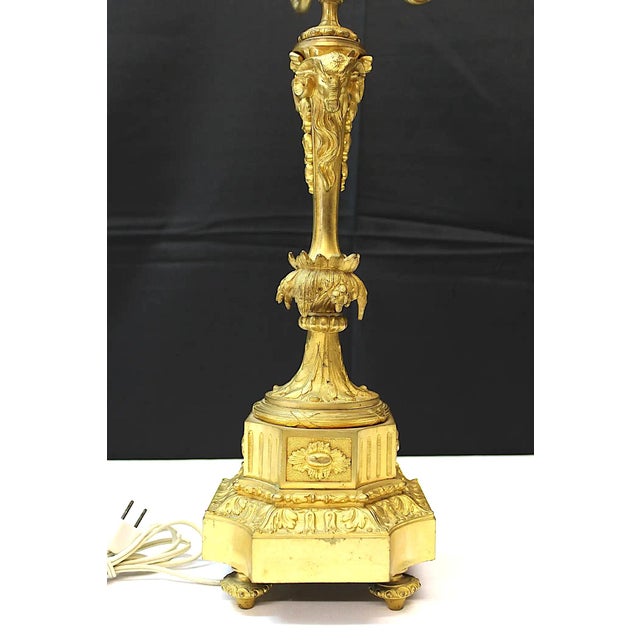Traditional 19th-Century Gilded Bronze Five-Light Lamp With Ram's Head Decoration For Sale - Image 3 of 6