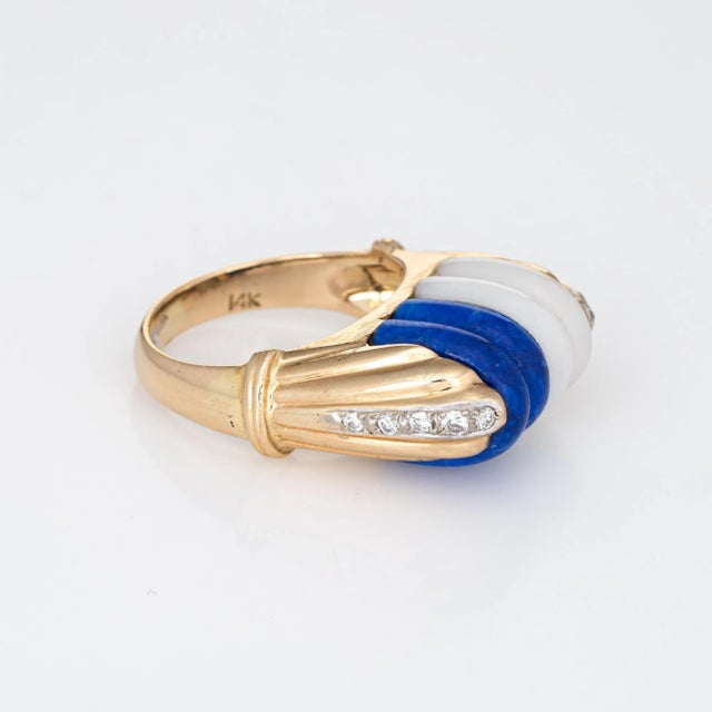 Modern Mid 20th Century Mid Century Vintage Ring Diamond Fluted Sodalite White Agate 14k Gold Cocktail size 6.5 For Sale - Image 3 of 7