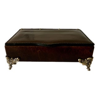 Vintage Italian Florentine Tooled Leather Valet Jewelry Box With Ornate Brass Feet For Sale