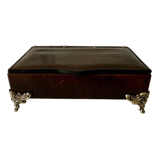 Vintage Italian Florentine Tooled Leather Valet Jewelry Box With Ornate Brass Feet For Sale