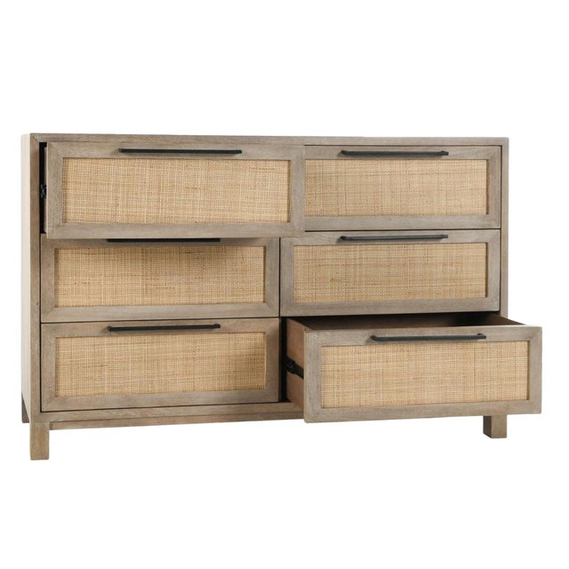 Contemporary Coastal Cane & Wood 6-Drawer Dresser For Sale - Image 3 of 8