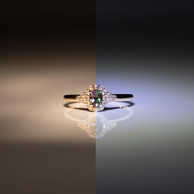 Metal Natural Alexandrite Ring With Natural Diamond Accents: Solid 14k Gold, 5x3.4mm, Size 6.75 For Sale - Image 7 of 12