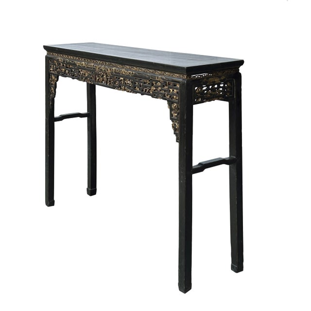 1950s Chinese Vintage Black Golden Carving Motif Tall Altar Console Table For Sale - Image 5 of 12