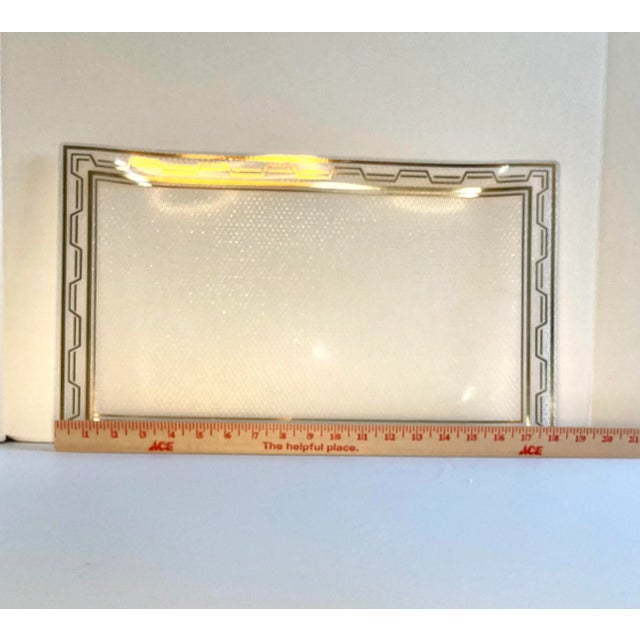 Large Midcentury Clear Pebbled Glass Serving Decorative Tray. Gold Decorative Border. Vintage. Retro.