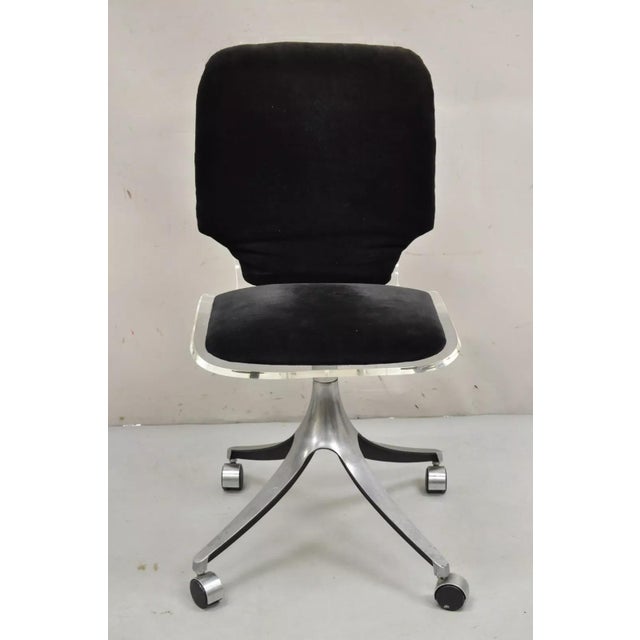 Vintage Mid Century Modern Clear Lucite Aluminum Swag Base Rolling Swivel Desk Chair with Black Loose Cushions. Circa Mid...