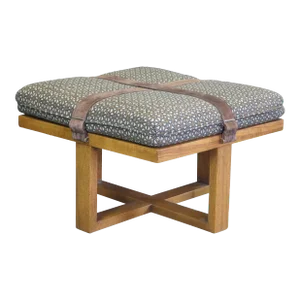 Mid 20th Century Modern Oak Buckled Suede Strap Ottoman Square Foot Stool Bench MCM