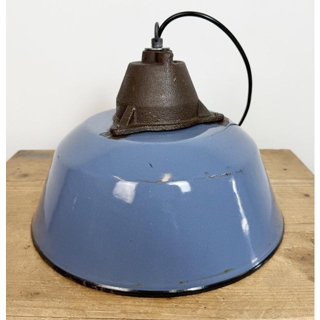 Industrial Blue Enamel and Cast Iron Pendant Lamp, 1960s For Sale - Image 16 of 18