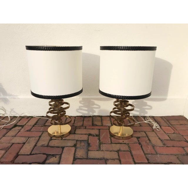 Brass Ribbon Lamp With Braided Leather Shade - a Pair For Sale - Image 10 of 12