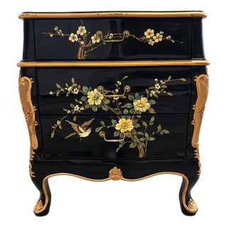 Chinoiserie Black Lacquer Bombe Three-Drawer Chest For Sale