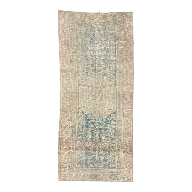 Antique Persian Malayer Rug 4x9 | Faded Beige & Blue Geometric Elegance For Sale