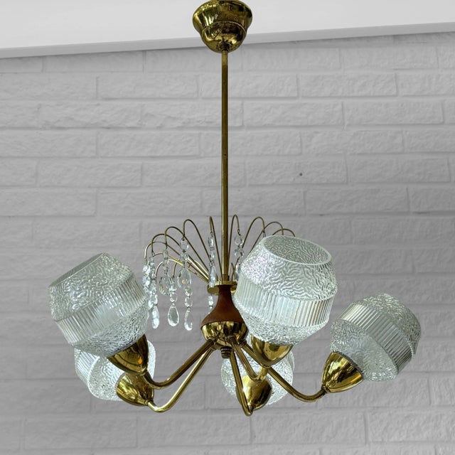 Mid-Century Modern Mid-Century Chandelier in Teak, Brass and Crystal, Sweden, 1950s For Sale - Image 3 of 13