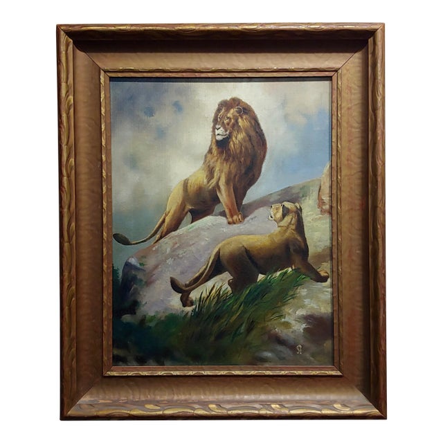 Pair of Lions - 19th Century Victorian Oil Painting on Canvas For Sale