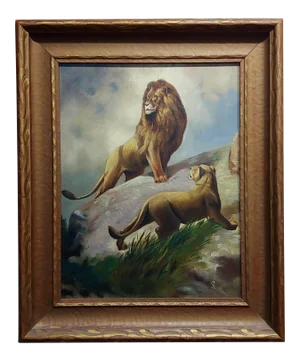 Pair of Lions - 19th Century Victorian Oil Painting on Canvas
