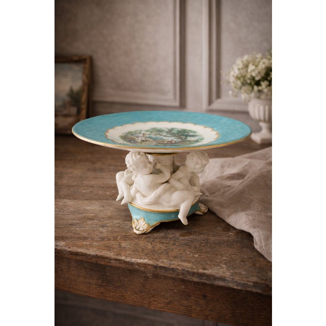 Mid 20th Century Vintage Continental Porcelain Cherub Compote Tazza With Turquoise Ground For Sale - Image 5 of 8