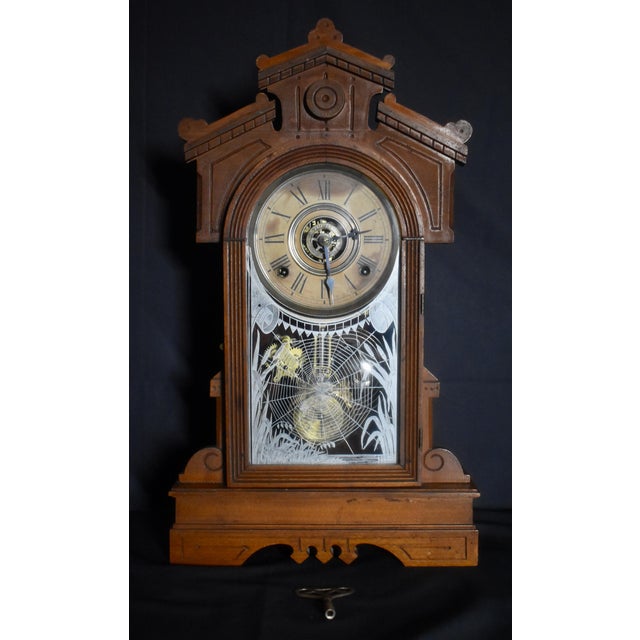 Antique Gilbert Ersa Walnut Parlor Mantel Clock Spider Web Glass With Key For Sale - Image 18 of 18