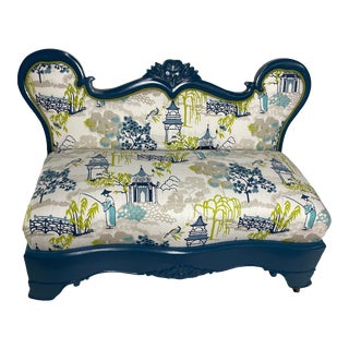 Mid 20th Century Settee With Clarke & Clarke Pagoda in Blue For Sale