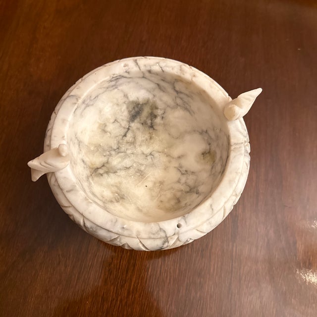 Antique hand carved Italian white and gray veined alabaster urn with two birds perched on the sides. A great decorative...