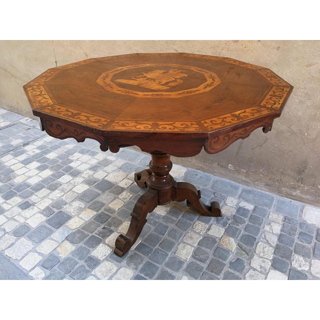 Mid 19th Century Dodecagonal Maple and Walnut Inlaid Table with Saint George and the Dragon, Rome, Italy, Early 19th Century For Sale - Image 5 of 9