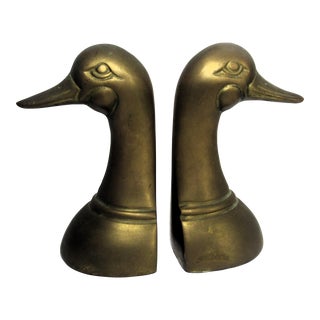 Vintage Rustic English Traditional Brass Duck Head Boodends- Set of 2 For Sale