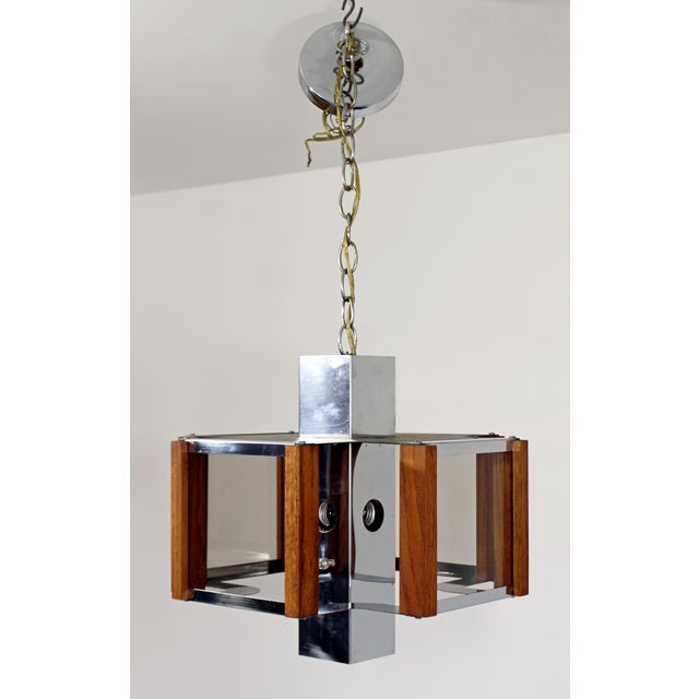 1970s Fredrick Ramond Mid Century Modern Teak Chrome Pendant Light Fixture Chairish