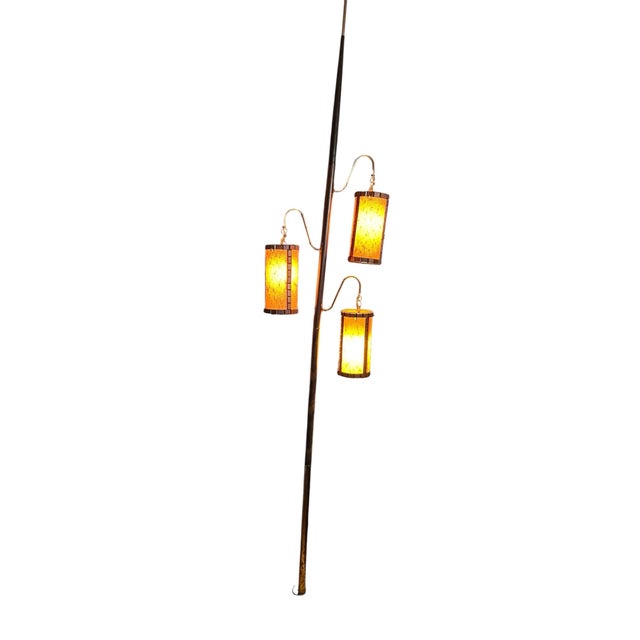 Wood Mid-Century Modern 1960s 3-Light Tension Pole Lamp With Amber Lantern Shades For Sale - Image 7 of 8