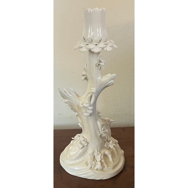 Ceramic Antique 18th Century Derby Porcelain Blanc De Chine Candlestick Holder Faux Bois Tree Form Stem With a Goat For Sale - Image 7 of 17