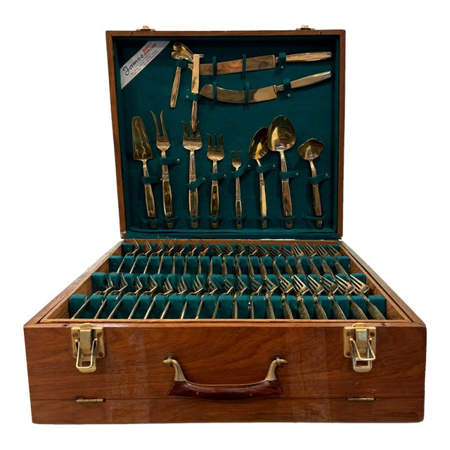 Mid 20th Century Complete Set 12 Person Vintage Thai Bronzeware & Teak Case – 144 Pieces For Sale