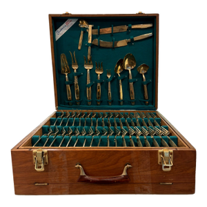Mid 20th Century Complete Set 12 Person Vintage Thai Bronzeware & Teak Case – 144 Pieces
