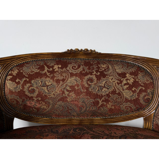 Vintage Louis XVI Style Curved Barrel Back Loveseat With Nailhead Trim For Sale - Image 4 of 17