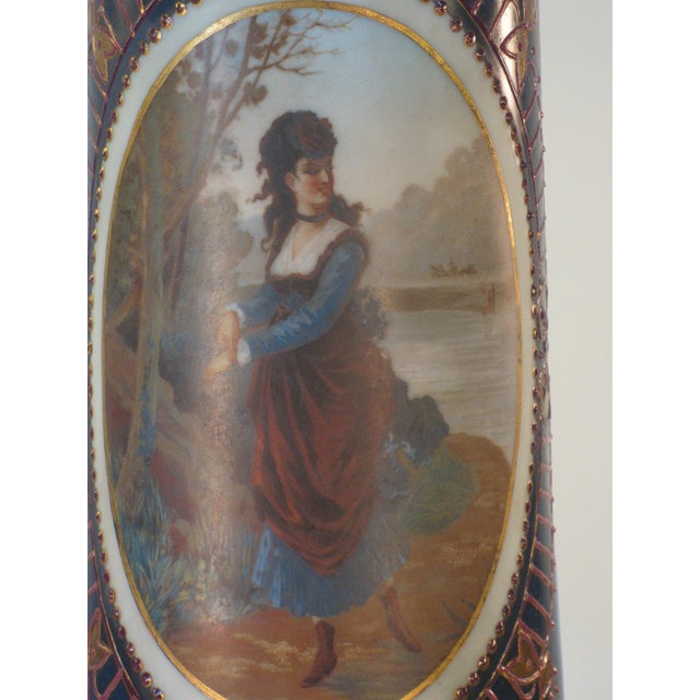 Late 19th Century Table Lamp French Maiden River Bristol Glass Vase Hand Painted Enameled Brass For Sale - Image 11 of 15