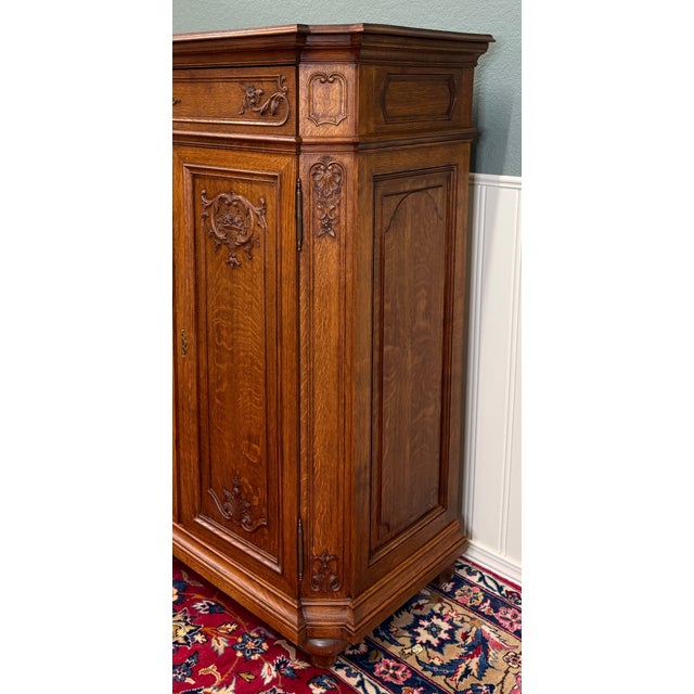 Antique French Double Door Cabinet Cupboard Carved Honey Oak Drawer Early 20th For Sale - Image 4 of 17