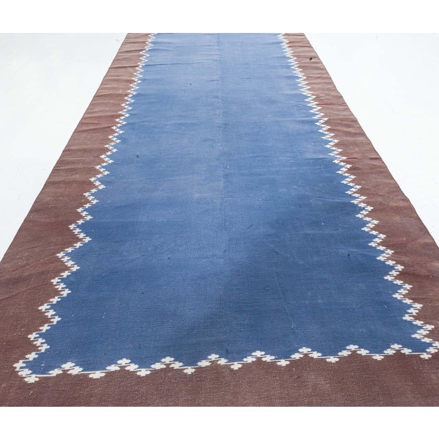 Doris Leslie Blau Vintage Indian Dhurrie Blue Brown Runner For Sale - Image 9 of 10