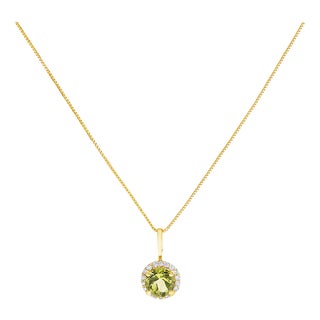 10K Yellow Gold Green Peridot and 1/10 Cttw Diamond Accent Halo Pendant Necklace For Sale