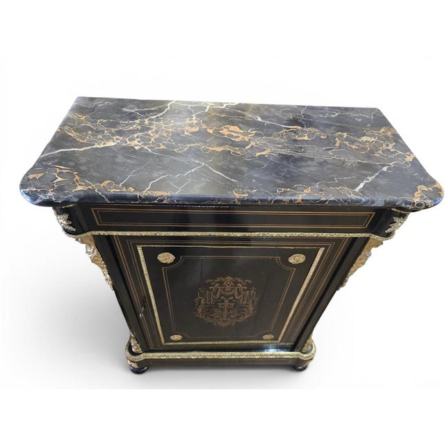 Metal French Cabinets with Gilt Bronze Mounts and Portoro Marble, 1870s, Set of 2 For Sale - Image 7 of 14