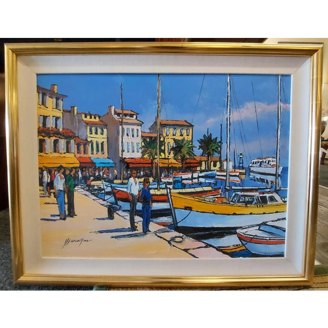 Textile Henry Marcaillou 1970s Mediterranean Maritime Scene Fauvist Oil Painting For Sale - Image 7 of 7